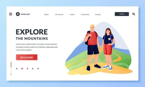 Couple hiking, walking in the mountains. Vector illustration of summer travel Stock Illustration