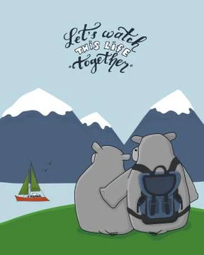 Couple of hippos are on green field in mountains near the river. Lets watch t Stock Illustration