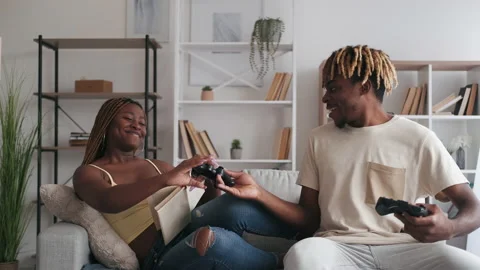 Couple hobby weekend together playing video game Stock Footage 194624018