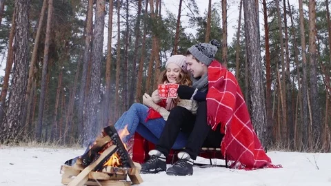 Couple holding bengal light in the winter forest slider shot Vídeo Stock 70989378