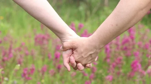 Couple holding hands on a background of pink flowers Stock Footage 336904810