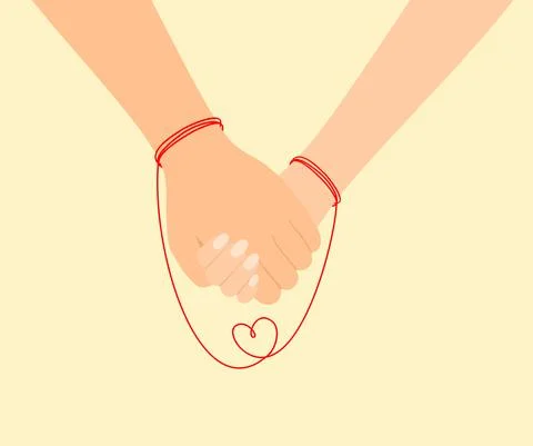 The couple is holding hands, connected by the red thread of fate Stock Illustration