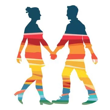 A couple holding hands in a rainbow colored image Stock Illustration