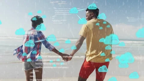 Couple holding hands on shore, left pointing causing cloud icons hiding bodies Stock Footage 333278233