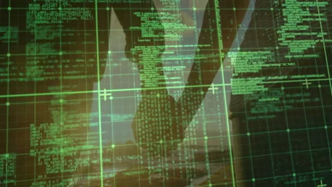 Couple holding hands in technology interface, showing semi-transparent code Stock Footage 309096810