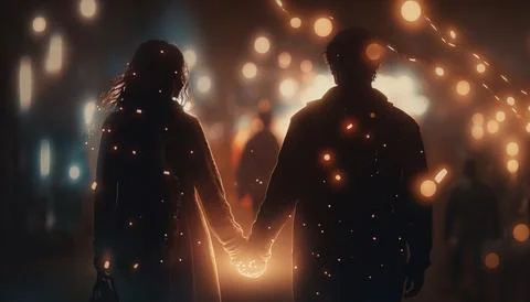 A couple holding hands walking down a street at night with lights on the st.. Stock Illustration