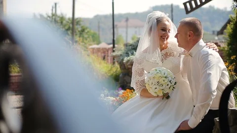 Couple holding hands while walking along sunny park and tenderly kissing Stock Footage 96037109