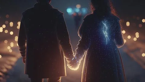 A couple holding hands while walking down a street at night with lights on .. Ilustração Stock