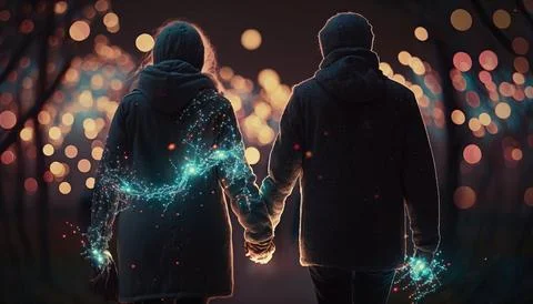 A couple holding hands while walking through a forest filled with lights an.. Stock Illustration
