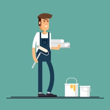 Couple of house painter vector flat characters with paint equipment Stock Illustration