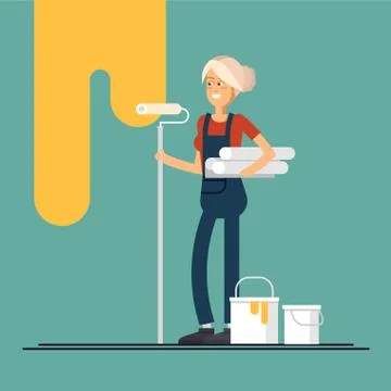 Couple of house painter vector flat characters with paint equipment Stock Illustration