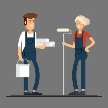 Couple of house painter vector flat characters with paint equipment Stock Illustration
