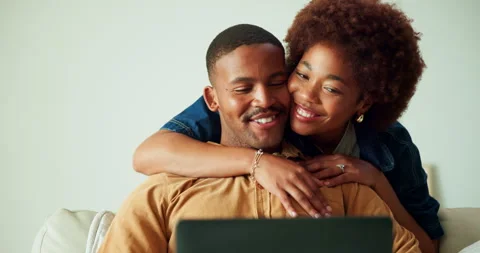 Couple, hug and remote work in house with laptop, bonding or support husband for Stock Footage 337455046