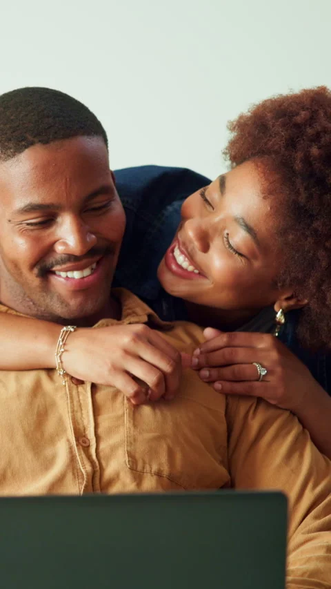 Couple, hug and remote work in apartment with laptop, love and support husband Stock Footage 340784898