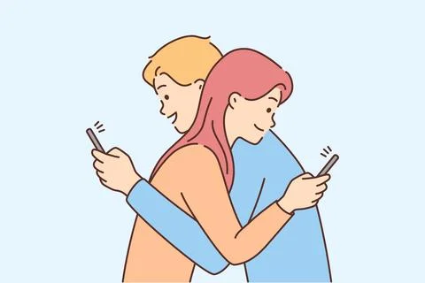 Couple hug using cellphone Stock Illustration
