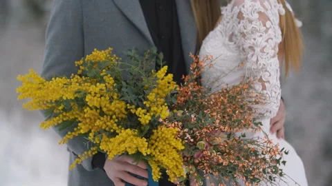 Couple hugging on the background of the winter forest Stock Footage 141605896