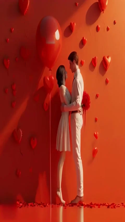 A couple hugging on an orange background, with red heart-shaped balloons al.. 動画素材 263798185