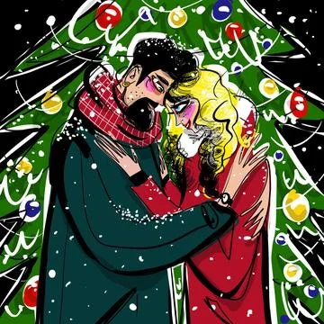Couple Hugging Under a Christmas Tree Stock Illustration