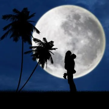 Couple hugging under full moon at beach Illustrazione stock