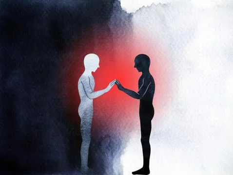 Couple human standing connection hand up pose, abstract body world universe Stock Illustration