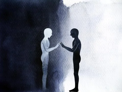 Couple human standing connection hand up pose, abstract body world universe Stock Illustration
