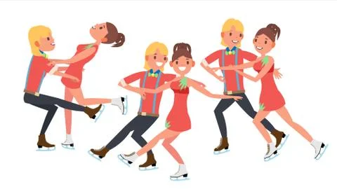 Couple With Ice Skaters Vector. Training Ice Show. Boy And Girl In Pair. Cart Ilustração Stock