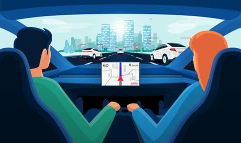Couple inside autonomous car interior on highway traffic jam with day city sk Stock Illustration