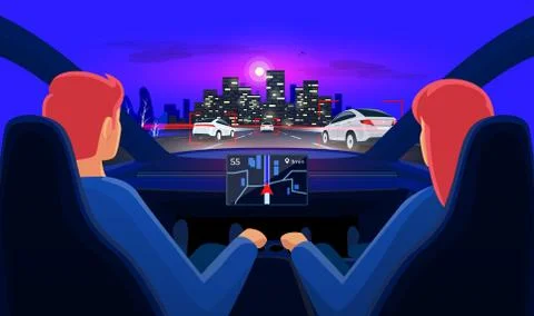 Couple inside autonomous car interior on highway traffic jam with night city  Stock Illustration