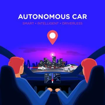 Couple inside autonomous car interior on highway traffic jam with night city  Stock Illustration
