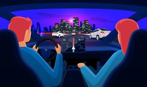 Couple inside car interior on road trip highway traffic jam with night city s Stock Illustration