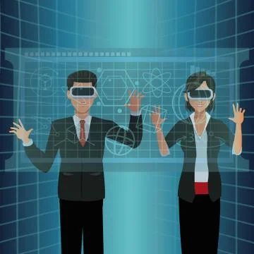 Couple interactivity vr goggles display virtual technology Stock Illustration