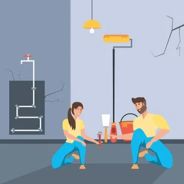 Couple in interior of house under construction 스톡 일러스트