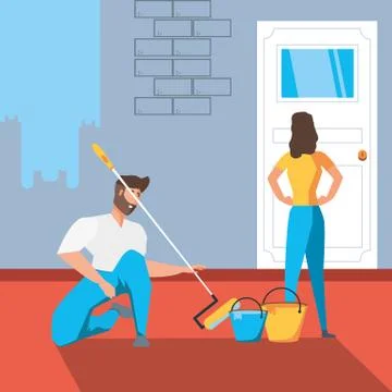 Couple in interior of house under construction Illustrazione stock