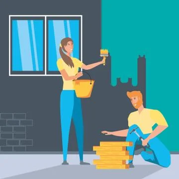 Couple in interior of house under construction Stock Illustration