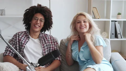 Couple interview home vlog multiethnic influencers Stock Footage 163036031