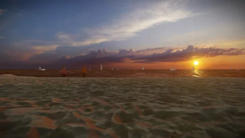 A couple jogging on the beach at sunset, white boats at sea in sunlight Stock Footage 243175836