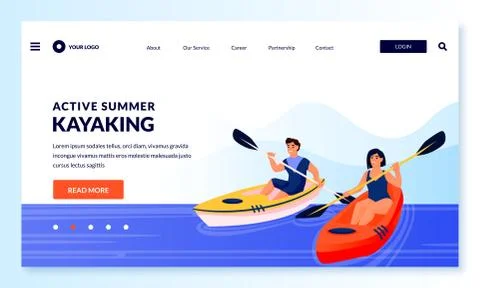 Couple kayaking. Vector flat cartoon people characters illustration. Summer o Stock Illustration