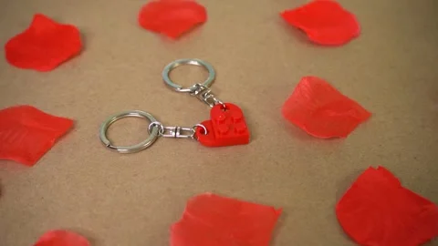 Couple keychains in the shape of a heart on rose petals Stock Footage 289561207