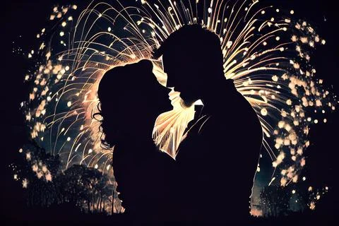 Couple kissing at new year's eve fireworks. Generative AI. Stock Illustration