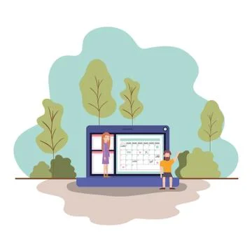 Couple with laptop computer in landscape Stockillustratie