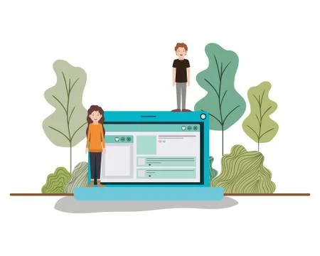 Couple with laptop computer in landscape Stockillustratie