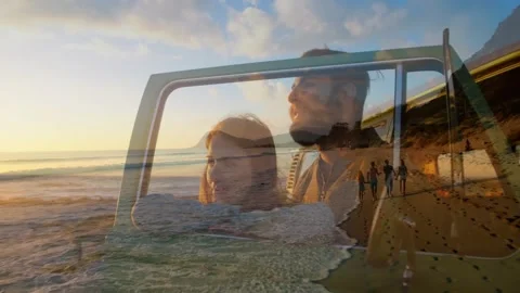 Couple leaning on car window, ocean fading, waves sweeping over couple, Vídeo Stock 333962947