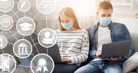 Couple Learning Using Laptops Wearing Masks Sitting Indoors, Panorama, Collage 스톡 사진