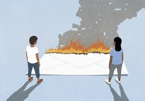 Couple looking down at burning envelope on blue background Stock Illustration