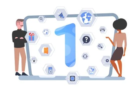 Couple looking at laptop screen with different applications man woman developing Stockillustratie