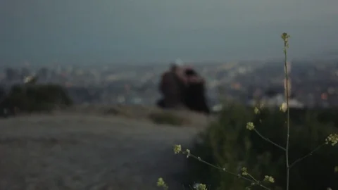 COUPLE LOOKING OVER CITY AT DUSK Stock Footage