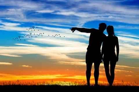 Couple looking the sunset Stock Illustration