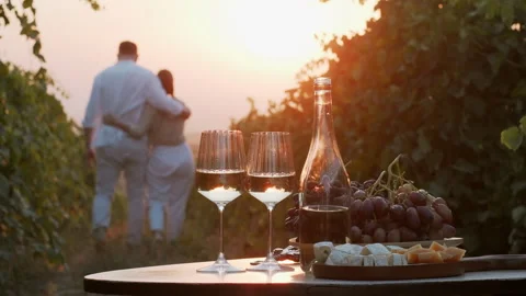 Couple in love in blur walking through vineyards holding hands at sunset Stock Footage 287838402