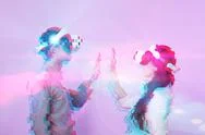 Couple In Love Communicate Using A Virtual Reality Headset. Image With Glitch Stock Photos