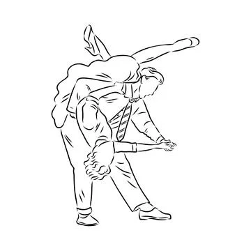 Couple in love dancing and having fun, hand drawn outline illustration. swing Stock Illustration